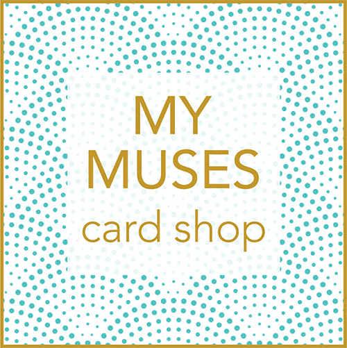 My Muses Card Shop Logo - Gold sans-serif type over white transparent square and turquoise dots